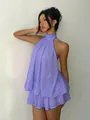 Elegant sleeveless purple chiffon halter-neck mini dress for summer beach vacations - XS / Purple