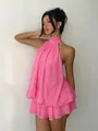 Elegant hot pink chiffon halter neck mini tiered dress for chic island vacation style - XS / Rose Red
