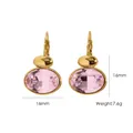 Elegant gold titanium steel hoop earrings with faceted oval pink crystals and size info - Lavender