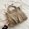 Vintage style beige cable knit large capacity tote bag for autumn and winter - Khaki (164)