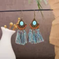 Handmade bohemian turquoise tassel earrings with antique bronze geometric accents - Bronze Bead Woven Tassel Style (E2324)