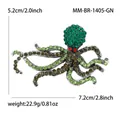 Detailed view of octopus brooch with green rhinestones showing dimensions and weight - 1405-GN / Green