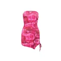 Gedetailleerd overzicht van strapless jurk met rozenprint, ruches en trekkoord - S / Rozerood