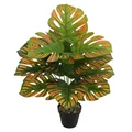 Lush artificial monstera deliciosa potted plant featuring green and orange variegated leaves - 12-Head Red Striped Monstera (Without Pot)