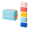 Minimalist Korean style PU leather makeup bag in sky blue with contrast orange zipper - Regular Size / Lake Blue