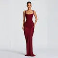 Abito lungo attillato bordeaux stile corsetto con arricciatura e orlo a sirena - S / Borgogna