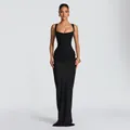 Abito lungo nero aderente stile corsetto con vita drappeggiata e spalline larghe - XS / Nero