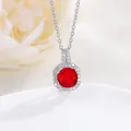 Close-up of octagon perfume bottle pendant with red zircon halo and silver chain - Red