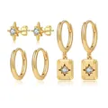 Three-piece gold plated earring set featuring starburst charms and clear zircon stones - 3 Pairs Starburst Pendant Combination Style (ZJ14454)
