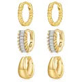 Three-pair gold flower earring set with twisted band, zircon stones and teardrop studs - 3 Pairs Twisted and Pave Hoop Combination Style (ZJ13472)