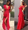 Rode maxi-jurk met stippen, V-hals, korte mouwen en een hoge zijsplit voor dames - S / Rood