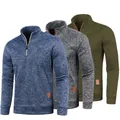 Pull en maille à quart de zip pour homme en bleu, gris et vert olive doublé polaire. - S / Bleu Marine (Gris Chiné) Vert Armée