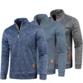 Men's quarter-zip knit pullover sweaters with thin fleece lining, three color options - Navy (Denim Blue) Heather Gray