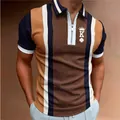 Polo pour homme à rayures verticales, motif pied-de-poule et fermeture éclair - S / Marron