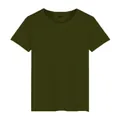 Detail view showing the classic crew-neck and fabric of this olive green men's T-shirt. - Army Green