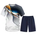 Completo estivo da uomo 2 pezzi con t-shirt stampa fiamma 3D e pantaloncini blu - S / Camicia Bianca e Pantaloni Blu Marino