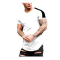 Detail of white men's athletic t-shirt with black shoulder contrast and curved hem - M / White
