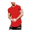 Detail view of men's red sports T-shirt with white shoulder panel and curved hem. - M / Red