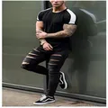 Men's athletic black color-block T-shirt with white shoulder stripes in a slim fit style - M / Black