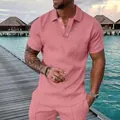Men's summer pink short-sleeve Polo shirt and shorts set with 3D geometric texture - XS / Pink 3D Geometric Texture Style (ZT187(32)上衣)