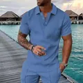 Detailed view of blue men's polo shirt with 3D geometric texture in resort setting - XS / Blue Geometric Texture Style (ZT187(31)上衣)