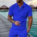 Men's summer blue polo shirt set with geometric 3D pattern against a tropical resort - XS / Royal Blue Geometric Cross Twill Style (ZT187(29) Top)