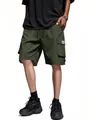 Detail of loose army green cargo shorts featuring multiple pockets and drawstrings - Army Green
