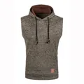 Slim fit men's knitted sleeveless hoodie vest with kangaroo pocket in brown heather - Coffee