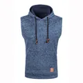 Men's slim-fit blue marl hooded knitted sweater vest featuring a kangaroo pocket. - Navy Blue