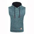 Men's slim fit sleeveless hooded knit sweater vest in marled blue with kangaroo pocket - Denim Blue
