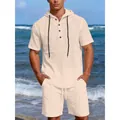 Ensemble de plage décontracté pour hommes en lin beige avec haut à capuche et short assorti - S / Kaki