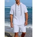 Ensemble deux pièces confortable en lin blanc pour homme avec haut à capuche et short d'été - S / Blanc