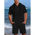 Ensemble d'été en lin noir pour homme avec haut à capuche manches courtes et short assorti - S / Noir