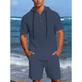 Ensemble short et chemise à capuche en lin bleu pour homme style vacances - S / Bleu Marine