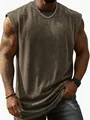 Detailed view of the vintage washed texture on a heavy cotton sleeveless t-shirt - Dark Brown