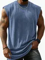 Men's vintage washed blue sleeveless tank top in heavy cotton for fitness and streetwear - Blue