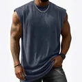 Men's vintage washed heavy cotton sleeveless tank top in a distressed dusty blue finish - Dark Blue