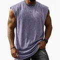 Men's vintage washed purple sleeveless heavy cotton T-shirt for fitness - Purple