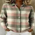 Detail view of women's loose long-sleeve cardigan with pink and green 3D plaid pattern. - S / Pink Green Grey White Dimensional Plaid(ACS01)