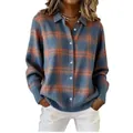 Close-up detail of women's blue and orange plaid knit cardigan featuring turn-down collar - S / Blue Orange Dimensional Knit Plaid(ACS03)