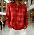 Rote und weiße karierte Strickjacke für Damen mit Reverskragen und lockerer Passform - S / Oberteile / Rot Weiß Karo (ACS04)