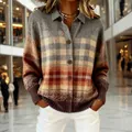 Casual plaid long-sleeve knit cardigan sweater with lapel collar for women in autumn - S / Grey Orange Beige Gradient Plaid(ACS58)