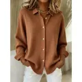 Eleganter brauner 3D-Rippstrick-Cardigan für Damen mit weißen Knöpfen und Revers - S / Oberteile / Karamellfarbene Vertikalstreifen (ACS25)