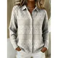 Modische Damen Langarm Strickjacke mit 3D Rautenmuster und großem Reverskragen für Winter - S / Oberteile / Grau-Weiß Rautenmuster (ACS32)