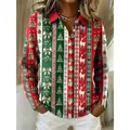 Festliches langärmliges Weihnachtshemd für Damen mit lebendigen 3D-Rentier- und Baumdrucken - S / Oberteile / Weihnachten 3D-Druck (ACS39)