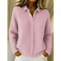 Rosa Waffelstrick-Strickjacke mit Knöpfen und Reverskragen für Damen, Langarm-Stil - S / Oberteile / Rosa Waffelstrick(ACS42)