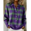 Gemütlicher lila-grün karierter Cardigan mit Knöpfen und Übergröße für Damen im Winter - S / Oberteile / Violett Grün 3D Karo (ACS50)