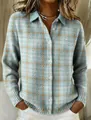 Bequeme Damen Strickjacke mit 3D-Karo-Muster, Reverskragen und lockerer Passform. - S / Oberteile / Hellblau Beige Karo (ACS51)