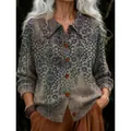 Eleganter loser Damen-Winterstrickjacke mit großem Reverskragen und 3D-Blumenmuster - S / Oberteile / Grau Blau Grün Geometrisch Floral (ACS52)