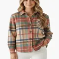 Vintage mehrfarbige Flanelljacke mit Karomuster und Knöpfen für Damen mit Tasche - S / Oberteile / Beige-Rot-Blau-Grün Kariert (ACS60)